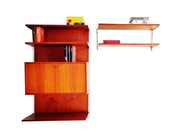 Teakholz, Regalsystem, String, Teak Rückwand, Sekretär, Mid Century, 1960er, Vintage