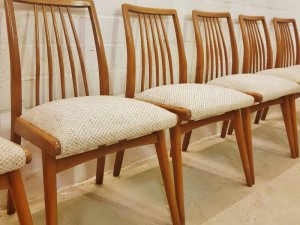 6er-Set, Stühle, Dining Chairs, Sprossen, ergonomisch, Kirschholz, 1960, Mid Century, Wollbezug, Danish Design, Designklassiker, Vintage