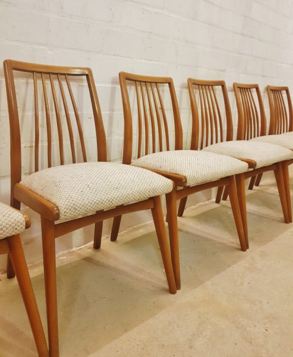 6er-Set, Stühle, Dining Chairs, Sprossen, ergonomisch, Kirschholz, 1960, Mid Century, Wollbezug, Danish Design, Designklassiker, Vintage