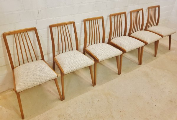 6er-Set, Stühle, Dining Chairs, Sprossen, ergonomisch, Kirschholz, 1960, Mid Century, Wollbezug, Danish Design, Designklassiker, Vintage