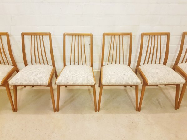 6er-Set, Stühle, Dining Chairs, Sprossen, ergonomisch, Kirschholz, 1960, Mid Century, Wollbezug, Danish Design, Designklassiker, Vintage