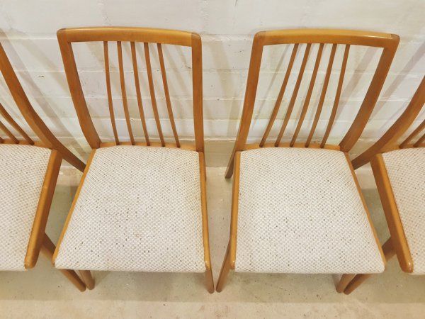 6er-Set, Stühle, Dining Chairs, Sprossen, ergonomisch, Kirschholz, 1960, Mid Century, Wollbezug, Danish Design, Designklassiker, Vintage