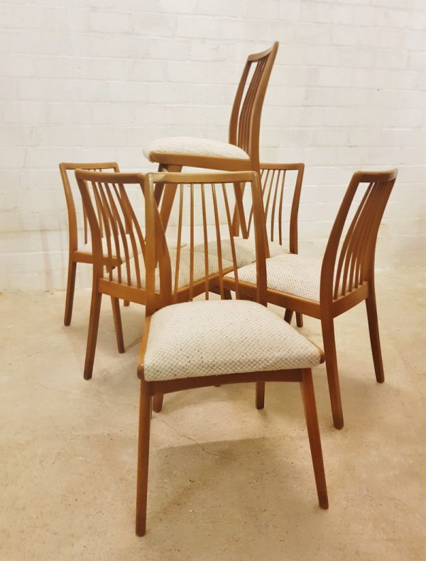 6er-Set, Stühle, Dining Chairs, Sprossen, ergonomisch, Kirschholz, 1960, Mid Century, Wollbezug, Danish Design, Designklassiker, Vintage