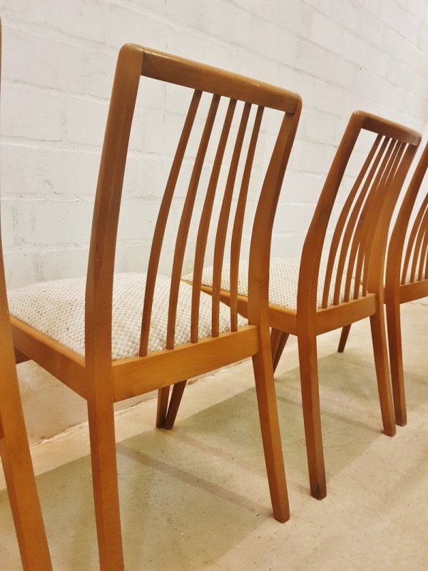 6er-Set, Stühle, Dining Chairs, Sprossen, ergonomisch, Kirschholz, 1960, Mid Century, Wollbezug, Danish Design, Designklassiker, Vintage