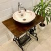 Vintage Waschtisch, Retro Waschtisch, Waschbecken, Aufsatzwaschbecken, Nähtisch, Nähmaschine, Singer, weiß, Porzellan, Eiche, Mid Century, alter Waschtisch, Gäste WC, Retro Waschbecken