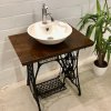 Vintage Waschtisch, Retro Waschtisch, Waschbecken, Aufsatzwaschbecken, Nähtisch, Nähmaschine, Singer, weiß, Porzellan, Eiche, Mid Century, alter Waschtisch, Gäste WC, Retro Waschbecken