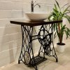 Vintage Waschtisch, Retro Waschtisch, Waschbecken, Aufsatzwaschbecken, Nähtisch, Nähmaschine, Singer, weiß, Porzellan, Eiche, Mid Century, alter Waschtisch, Gäste WC, Retro Waschbecken