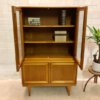 Vitrinen Highboard, Vintage 1970, Mid Century, Hochschrank, Eiche, 70er, Glastüren, Geschirrschrank, Bücherschrank, hell, verschließbar, zweiteilig, konische Füße
