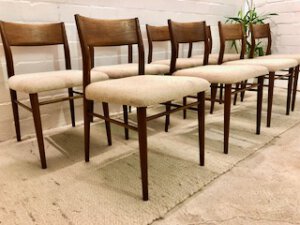 8er Set, Georg Leowald Teakholz Stühle, Mid Century 1960's, Wilkhan Möbel, Danish Design, Vintage, 1950, 1970, Wollbezüge, Dining Chairs, Esszimmer Stühle, Designklassiker, Vintage Möbel, Mid Century Möbel