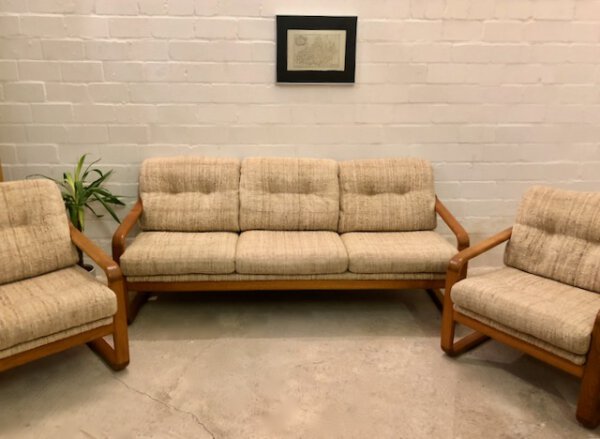 Vintage Teakholz-Garnitur HS Design, Danish 1970er, Teak, helle Bezüge, Wollbezug, Mid Century, 1960, Vintage Möbel, Made in Denmark, Danish Design