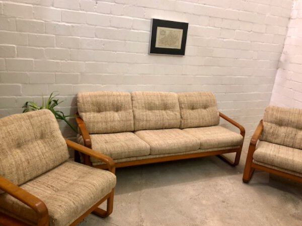 Vintage Teakholz-Garnitur HS Design, Danish 1970er, Teak, helle Bezüge, Wollbezug, Mid Century, 1960, Vintage Möbel, Made in Denmark, Danish Design