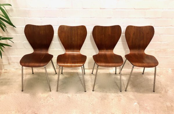 4er Set Teakholz Dining Chairs, Drabert Minden, 1960's, true Vintage, Mid Century, Ameise, Chromgestell, Metall, Fritz Hansen