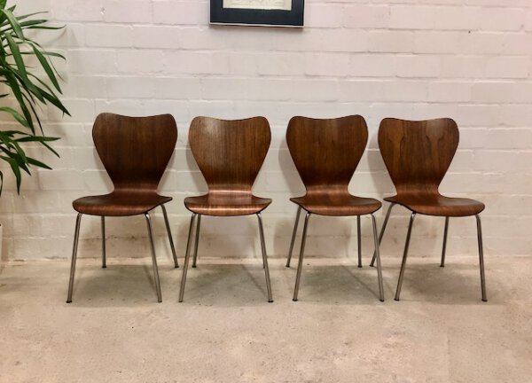 4er Set Teakholz Dining Chairs, Drabert Minden, 1960's, true Vintage, Mid Century, Ameise, Chromgestell, Metall, Fritz Hansen
