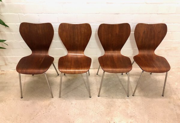 4er Set Teakholz Dining Chairs, Drabert Minden, 1960's, true Vintage, Mid Century, Ameise, Chromgestell, Metall, Fritz Hansen