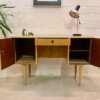 true Vintage Schreibtisch, helles Holz, 1960, Mid Century, Rüster, Furnier, verschließbar, Schublade, klein kompakt, 1970, Sekretär