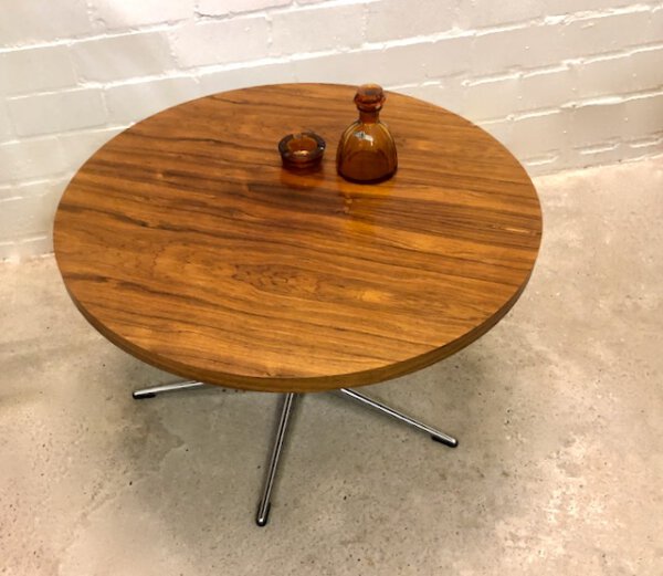 Palisander Coffeetable, rund, Theobald, verchromt, Metall, Untergestell, 1960's, Mid Century, Vintage, Couchtisch, 1970's, Industrial, Loft