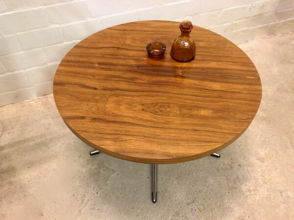 Palisander Coffeetable, rund, Theobald, verchromt, Metall, Untergestell, 1960's, Mid Century, Vintage, Couchtisch, 1970's, Industrial, Loft