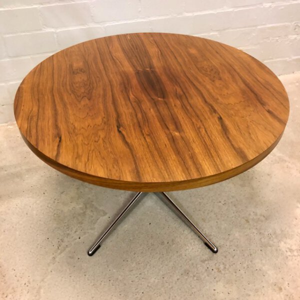 Palisander Coffeetable, rund, Theobald, verchromt, Metall, Untergestell, 1960's, Mid Century, Vintage, Couchtisch, 1970's, Industrial, Loft