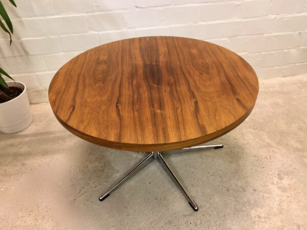 Palisander Coffeetable, rund, Theobald, verchromt, Metall, Untergestell, 1960's, Mid Century, Vintage, Couchtisch, 1970's, Industrial, Loft