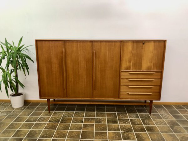 Heinrich Riestenpatt Highboard, Teak, RT 200, RT 201, Sideboard, Highboard, Anrichte, Danish Design, Mid Century, Vintage, Schubladen, Einlegeböden, hellbraun, Barfach, Geschirrschrank, 1960's, 1970's