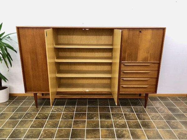 Heinrich Riestenpatt Highboard, Teak, RT 200, RT 201, Sideboard, Highboard, Anrichte, Danish Design, Mid Century, Vintage, Schubladen, Einlegeböden, hellbraun, Barfach, Geschirrschrank, 1960's, 1970's