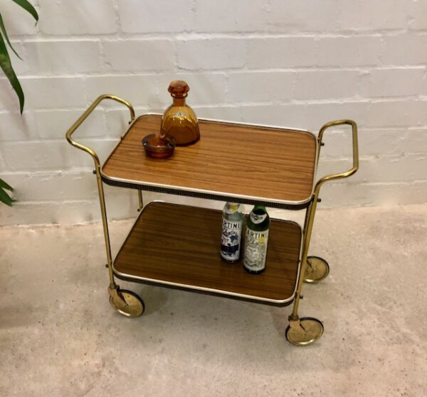 Mid Century Beistellwagen/ Minibar, 1950's, Messing, auf Rollen, Vintage, 1960's, Nussbaum, Designklassiker, Teewagen, Barwagen