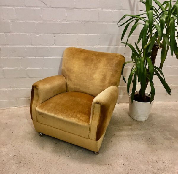 Vintage Lounge Sessel, gelb, 1960's, Velours, Clubsessel, auf Rollen, gold, Patina, 1970, Designklassiker, Mid Century Sessel