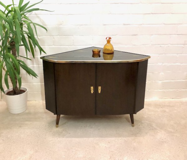 Mid Century Eckschrank, Phonoschrank 1950's, Vintage, Kommode, Sideboard, Anrichte, Hifi-Schrank, dunkelbraun, braun, rockabilly, 1960's, Türen