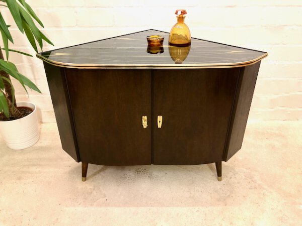 Mid Century Eckschrank, Phonoschrank 1950's, Vintage, Kommode, Sideboard, Anrichte, Hifi-Schrank, dunkelbraun, braun, rockabilly, 1960's, Türen