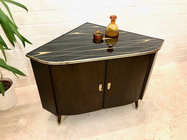 Mid Century Eckschrank, Phonoschrank 1950's, Vintage, Kommode, Sideboard, Anrichte, Hifi-Schrank, dunkelbraun, braun, rockabilly, 1960's, Türen