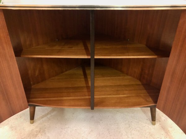 Mid Century Eckschrank, Phonoschrank 1950's, Vintage, Kommode, Sideboard, Anrichte, Hifi-Schrank, dunkelbraun, braun, rockabilly, 1960's, Türen