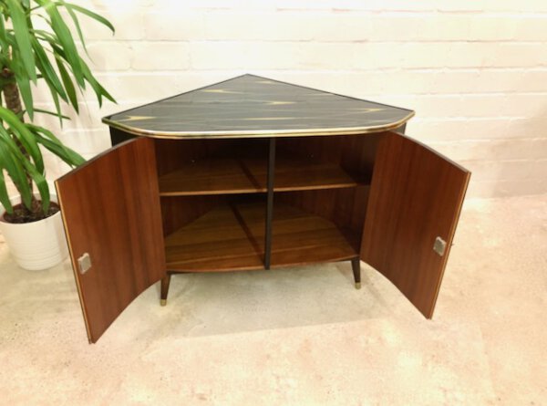 Mid Century Eckschrank, Phonoschrank 1950's, Vintage, Kommode, Sideboard, Anrichte, Hifi-Schrank, dunkelbraun, braun, rockabilly, 1960's, Türen