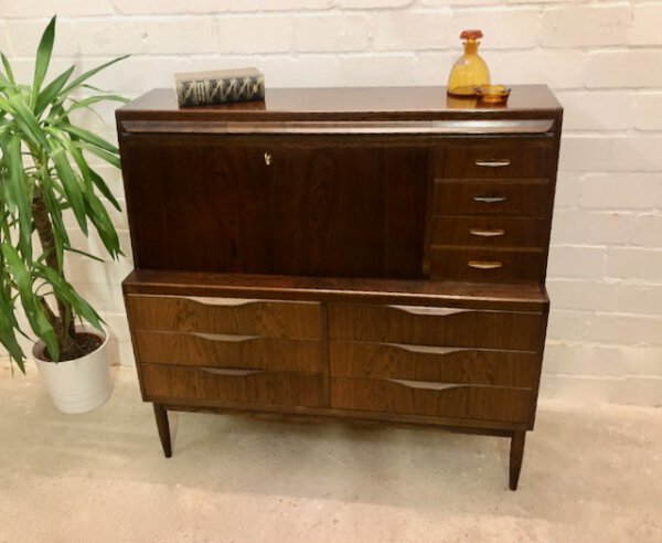 Palisander Sekretär, Erling Torvits 1960's, Klim Mobelfabrik, Made in Denmark, Danish Design, Designklassiker, Rosewood, Desk, Schreibschrank, Sideboard, Kommode, Highboard, dunkelbraun, Schubladen, verschließbar, Mid Century modern, Furniture, Vintage Möbel, homeoffice