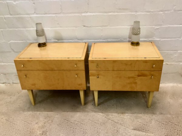 Vintage Nachtschränke, hell, 1960's, Schellack, Mid Century, Rüster, Klappe, Schublade, Glasauflage, Design, Mid Century Modern, Vintage Furniture