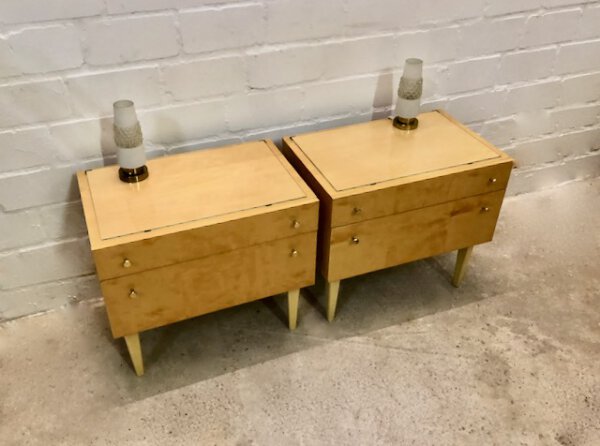 Vintage Nachtschränke, hell, 1960's, Schellack, Mid Century, Rüster, Klappe, Schublade, Glasauflage, Design, Mid Century Modern, Vintage Furniture