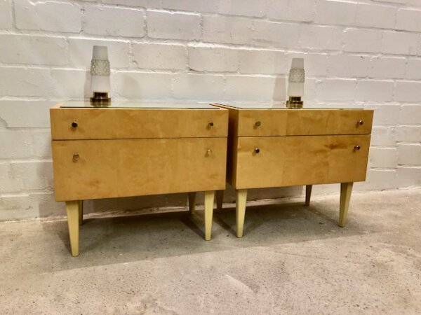 Vintage Nachtschränke, hell, 1960's, Schellack, Mid Century, Rüster, Klappe, Schublade, Glasauflage, Design, Mid Century Modern, Vintage Furniture