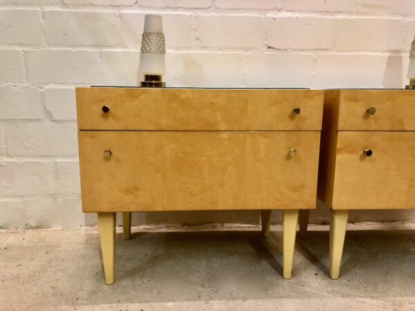 Vintage Nachtschränke, hell, 1960's, Schellack, Mid Century, Rüster, Klappe, Schublade, Glasauflage, Design, Mid Century Modern, Vintage Furniture