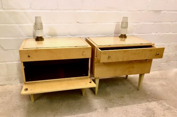 Vintage Nachtschränke, hell, 1960's, Schellack, Mid Century, Rüster, Klappe, Schublade, Glasauflage, Design, Mid Century Modern, Vintage Furniture