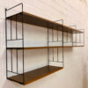 WHB "String-Regal", 1960's Nussbaum, Leiterregal, Mid Century, breit, Bücherregal, Wandregal, Designklassiker, schwarze Metall-Leitern, braun
