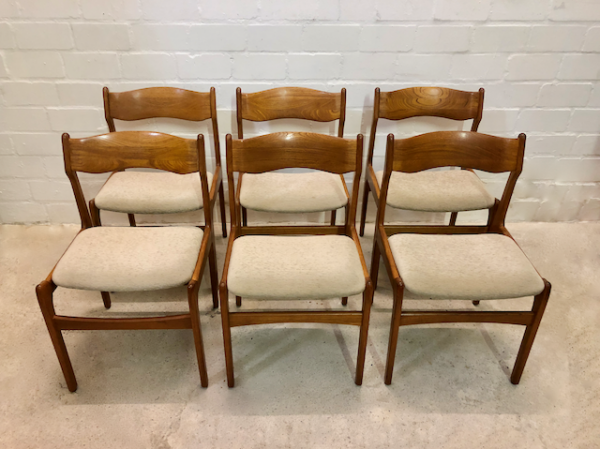 6er Set Teakholz Dining Chairs, Vintage, Mid Century, Danish Design, Made in Denmark, Stühle, Esstisch, Braun, grau, Bezug, Vollholz, Designklassiker