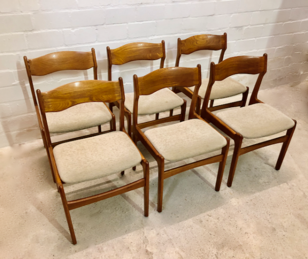 6er Set Teakholz Dining Chairs, Vintage, Mid Century, Danish Design, Made in Denmark, Stühle, Esstisch, Braun, grau, Bezug, Vollholz, Designklassiker