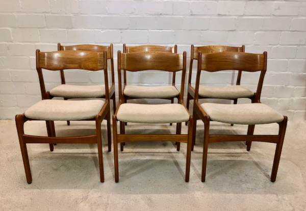 6er Set Teakholz Dining Chairs, Vintage, Mid Century, Danish Design, Made in Denmark, Stühle, Esstisch, Braun, grau, Bezug, Vollholz, Designklassiker