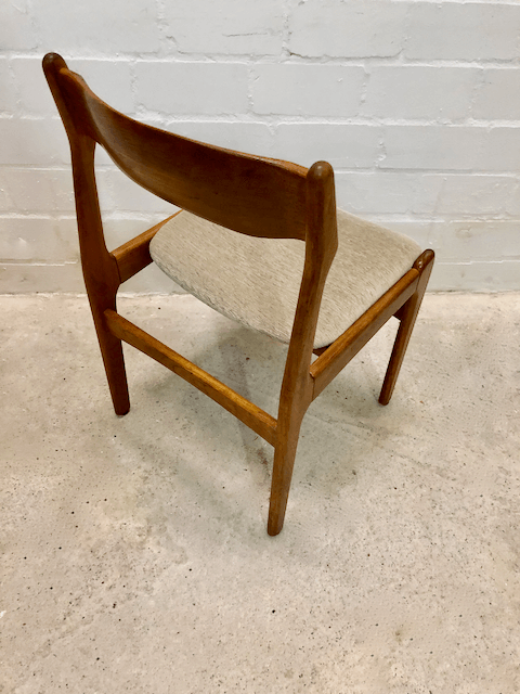 6er Set Teakholz Dining Chairs, Vintage, Mid Century, Danish Design, Made in Denmark, Stühle, Esstisch, Braun, grau, Bezug, Vollholz, Designklassiker