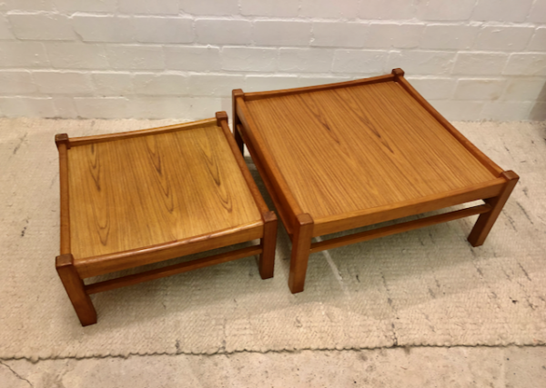 2er Set Coffee Table's, flach, Couchtische, Beistelltische, duo, Tekholz, Vintage Mid Century, eckig, Ablagetische, Lounge Tische, Danish Design, Designklassiker, 70er, 1970's, hellbraun