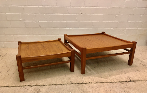 2er Set Coffee Table's, flach, Couchtische, Beistelltische, duo, Tekholz, Vintage Mid Century, eckig, Ablagetische, Lounge Tische, Danish Design, Designklassiker, 70er, 1970's, hellbraun