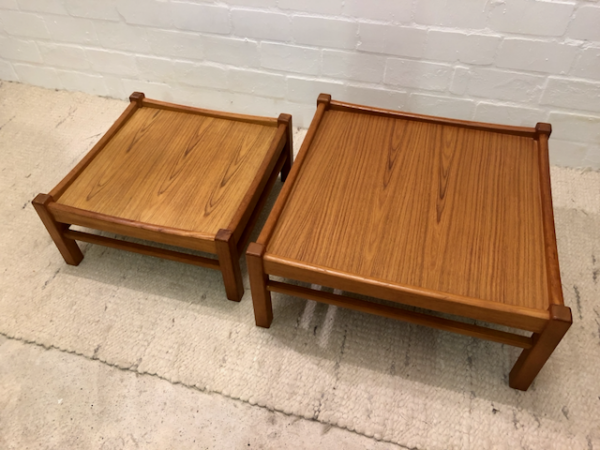 2er Set Coffee Table's, flach, Couchtische, Beistelltische, duo, Tekholz, Vintage Mid Century, eckig, Ablagetische, Lounge Tische, Danish Design, Designklassiker, 70er, 1970's, hellbraun