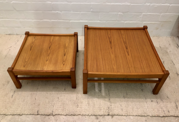 2er Set Coffee Table's, flach, Couchtische, Beistelltische, duo, Tekholz, Vintage Mid Century, eckig, Ablagetische, Lounge Tische, Danish Design, Designklassiker, 70er, 1970's, hellbraun