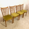 Vintage Dining Chairs, 4er Set, helles Holz, Mohair, Samt, Sprossenstuhl, grün, gelb, Buche, 1960's