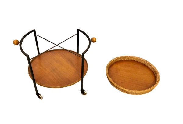 Mid Century Tablettwagen, Teak/ Metall, Korbgeflecht, Beistellwagen, Metallgestell, Vintage, 1960's, groß, auf Rollen, Designklassiker, abnehmbar