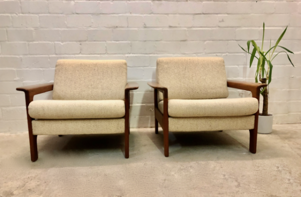 1/2 Vintage Easy Chair, Danish 1970's, Sessel, Teakholz, Teak, Danish Design, helle, Wollbezugsstoff, Mid Century, 1960'60er, 70er, Lounge, Set, Designklassiker